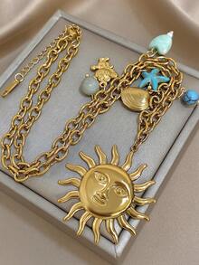 1Pc Gold Sun Pendant Necklace With Ocean-Inspired Charms – Ideal For Beach Getaways And Tropical Escapes,Valentine's Day Gift, Unisex - Multicolor - View 1