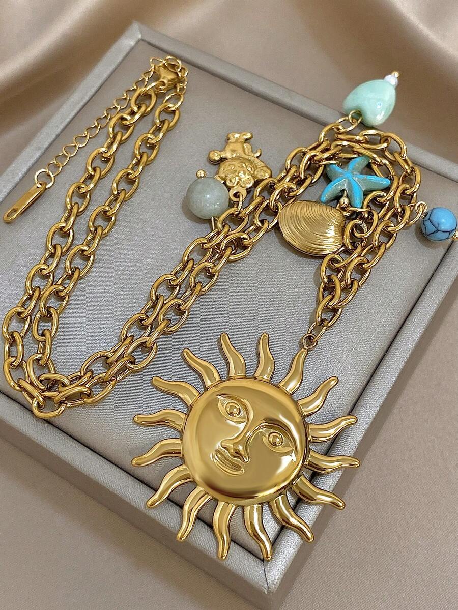 1Pc Gold Sun Pendant Necklace With Ocean-Inspired Charms – Ideal For Beach Getaways And Tropical Escapes,Valentine's Day Gift, Unisex - Multicolor - View 1