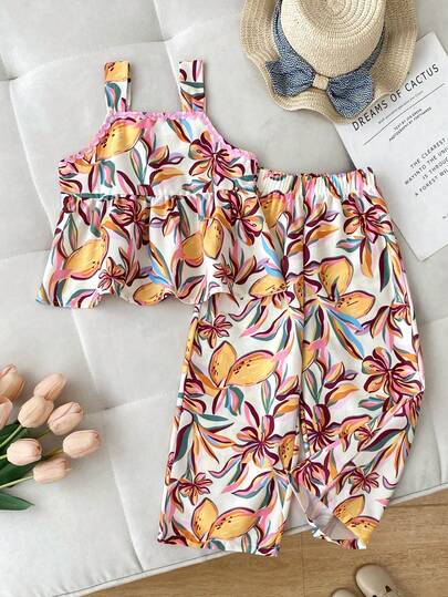 2件套女童休闲时尚荷叶边水果印花吊带背心+裤子套装，夏季