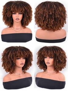 Short Afro Kinky Curly Wig With Bangs For Women High Temperature Synthetic Hair Wig Curly Afro Wigs For Women - Curly Afro Wigs Black Wig For Women Brown Gold Gradient 12 Inch Replacement Wigs Party Use Natural Black Hair Carnival Cosplay Wigs - 1B/30 - 查看 3