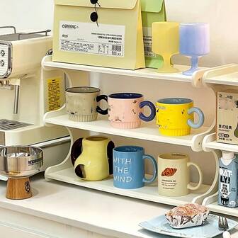 1pc Space-Saving Cup Organizer - Countertop Kitchen, Office, Cafe, Or Bakery Shelf - Sturdy Construction - Compatible With Mugs, Cups, Bowls, Bottles - Minimalist Modern Design For Home, Commercial Use, Coffee Station Setup, Sleek Matte Finish, Efficient Storage Design