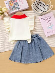 2pcs Young Girls Cute Sweet Collar Cap Sleeve Top Strawberry Print + Blue Skirt Set, Sweet Juvenile Summer Outfit - Champagne - View 2
