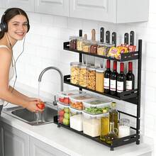 2025 Model Kitchen Spice Rack | Three-Tier Height-Adjustable Standing Spice Rack | Large-Capacity Rust-Proof Metal Condiment Storage Rack | Kitchen Storage Rack, Suitable For Pantries And Bathrooms (Length 19.6 Inches * Height 21.2 Inches, Black) Gift For Home Holiday Decorations - 黑色 - 查看 8