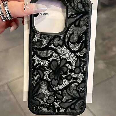1pc Lace TPU Shockproof Flower Painted Matte Litchi Texture Full Coverage Phone Protective Case Compatible With Apple 11 12 13 14 15 16 17 Pro Max Spring Gift