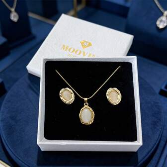 时尚“ins风”几何猫眼石耳环吊坠项链套装，不锈钢防水蛇骨项链耳环首饰套装。附赠礼盒。是情人节和婚礼季的理想珠宝礼物。