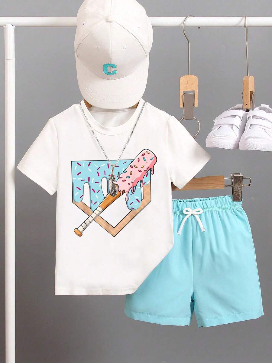 2pcs/Set Boys' Baseball Print Short Sleeve T-Shirt And Shorts Set, Suitable For Vacation, Travel, Relaxation, Sunbathing, Summer - Blue - View 1
