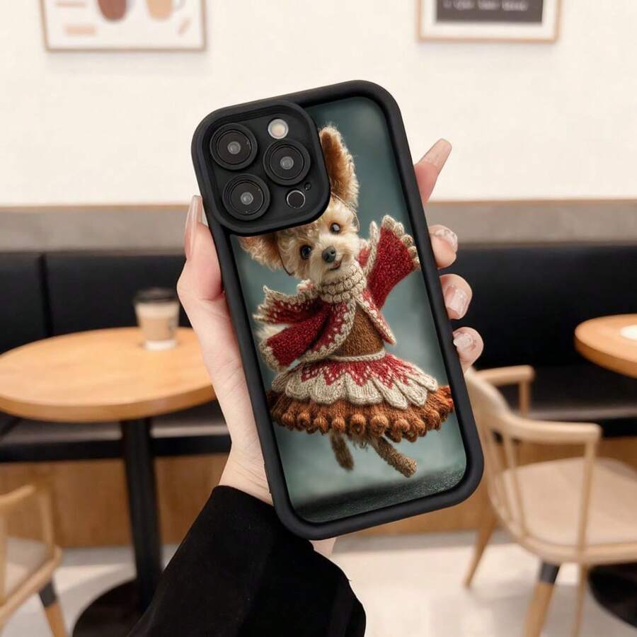 Cubierta de teléfono con borde negro diseño de perro tejido en traje de bailarina rojo y beige para uso diario en cafeterías y salas de estar,Aplicable a los teléfonos de la serie Apple y Galaxy - Burdeos - Ver 1