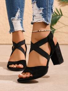 Women's Summer New Thick Heel Sandals, Mom Style Versatile Open Toe Roman High Heel Shoes - Black - View 5