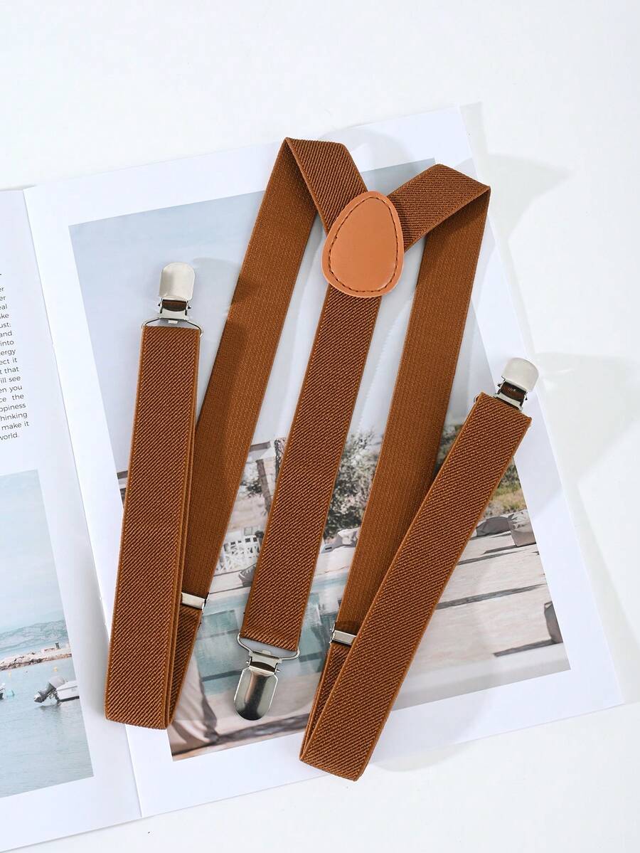 1pc Elastic Four-Corner Suspenders Solid Color Unisex Trouser Straps - Coffee Brown - View 1