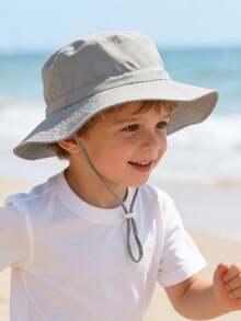 兒童寬帽沿遮陽帽（男孩配色）－附帽繩，純色，輕量透氣，適合日常／旅行／海灘 - 純色-男孩色系 - 查看 2