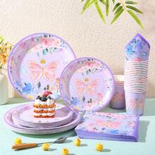 Lila Schmetterling Krone Einweg-Geschirr Set, inklusive 18/23 cm Pappteller, Pappbecher, Papierservietten, geeignet für Geburtstagsfeiern, Festivals, Zusammenkünfte, Picknicks, Feierlichkeiten, Hochzeitstees, Abschlussfeiern - Verschiedenfarbig - Übersicht 1