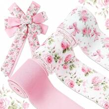 3 Rolls, Spring Floral Bow Wired Edge Ribbon, 2.5inch, Pink Rose Flower Bowknot Craft Ribbon Summer Ribbons For Wreath Bow Making DIY Wrapping Party Decor