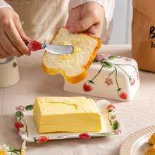 Ceramic Butter Keeper, Restaurant Style Cheese Box, Handpainted Underglaze Embossed Butter Dish - Multicolor - View 6