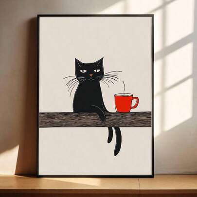 1 pieza Cuadro de arte de pared de gato negro lindo, impresiones de café minimalistas, pinturas en lienzo, carteles de animales acogedores, decoración inspiradora para el hogar, oficina, dormitorio, regalo para propietarios de gatos, sin marco o con marco