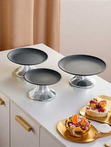 1pc Stainless Steel Round Tray, Metal Tray With Silver Base, Retro Design, Home Decor, Dessert Serving Tray, Party Decoration Platter - Black - View 15