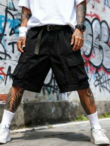 Men's Cargo Shorts, Multi-Pocket Street Style, Summer Bottoms - Black - View 1
