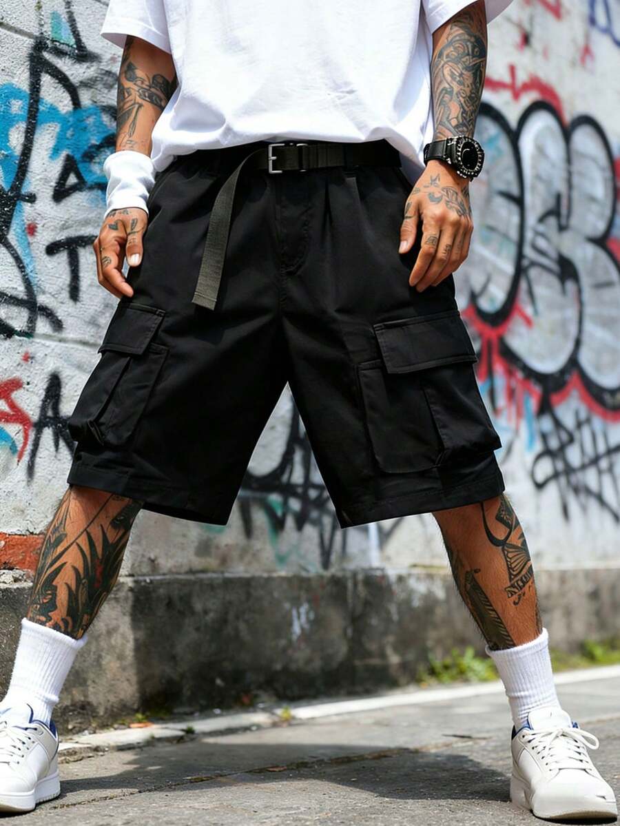 Men's Cargo Shorts, Multi-Pocket Street Style, Summer Bottoms - Black - View 1