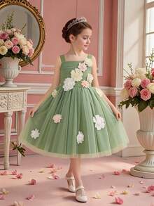 Young Girls' Sleeveless 3D Floral Mesh Tulle Elegant Flower Girl Dress For Wedding, Party, Vacation, Excluding Headband - 綠色 - 查看 5