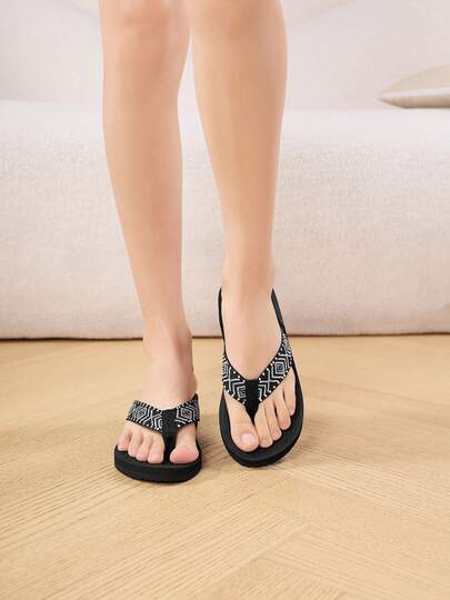 Women's Comfortable Arch Support Wedge Sandals - Blue Woven Wedge Thong Sandals, Suitable For Beach Vacation And Casual Wear