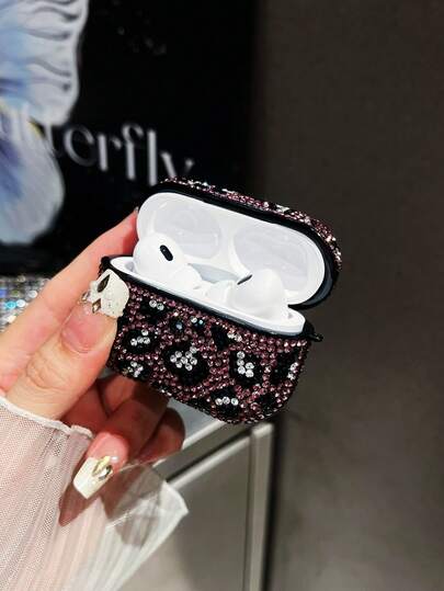 1pc Black Rhinestone Leopard Print Bluetooth Earphone Protective Case For AirPods