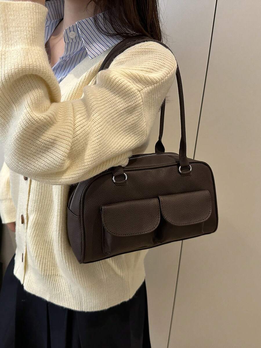 1 pieza Bolso de mano tipo tote vintage minimalista, decorado con bolsillos, con asas dobles, adecuado para uso casual y de commuting diario de mujeres - Café - Ver 1