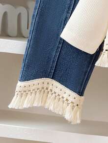 2 件套年轻女孩纯色流苏长袖上衣和流苏牛仔裤套装