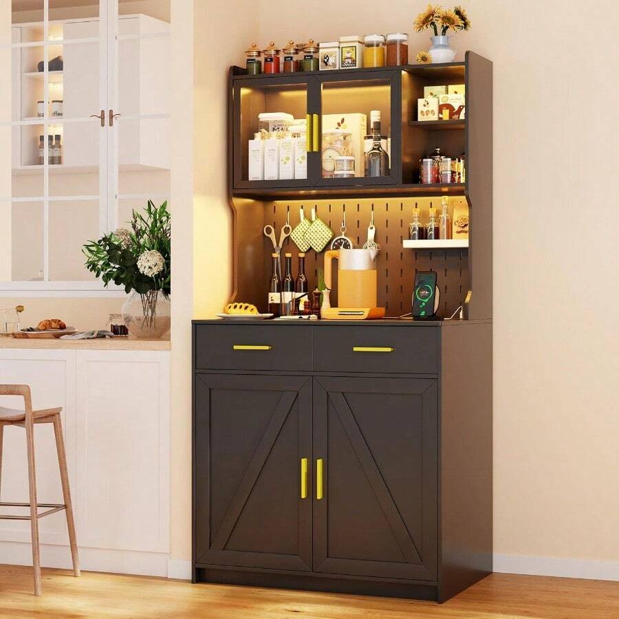 Muebles y accesorios para cocina y comedor.Vlsrka Alacenas para Cocina Muebles para Cocina con Luz Modernos Credenza Bufetera con 4 Puertas y 2 Cajones Grand Capacidad Almacenamiento Buffet Servidor Encimera para Sala de Estar - negro - Ver 1