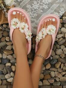 1 Pair Women's Elegant Casual Floral Decor Flip Flops, Soft Sole Breathable Beach, Holiday, Party Slippers, Summer - Pink - View 2