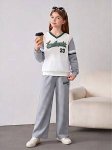 Girls Green Letter Print Long Sleeve Casual Sweatshirt & Pants Set, Girls Long Sleeve Sweatshirt + Straight Leg Pants - Light Grey - View 1