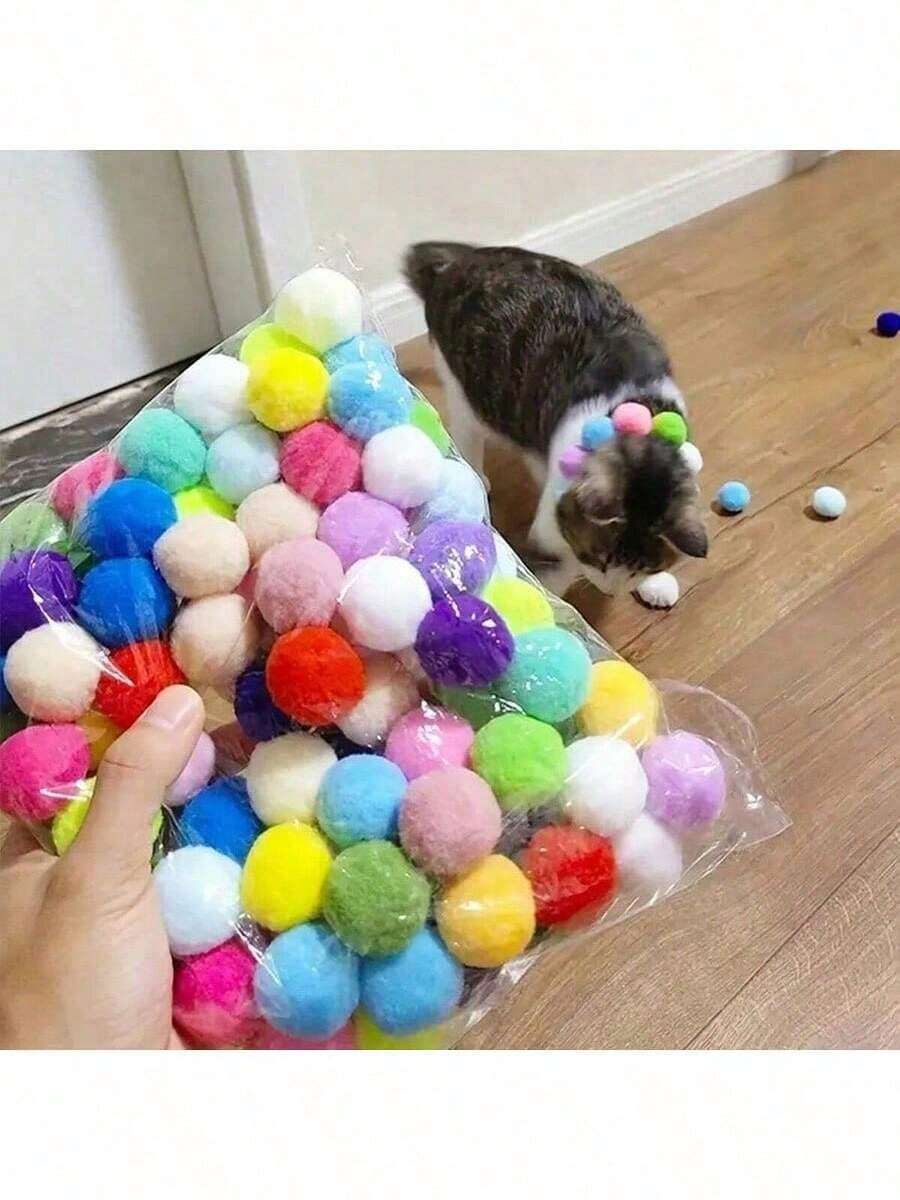 2pcs/20pcs/30pcs/50pcs/100pcs Multi-Size Cat Toys With Ball Launcher, Plush Balls For Pet Interaction, Kitten Training Toys, Elastic Furry Balls, Personalized Gifts, Pet Accessories - Multicolor - View 1