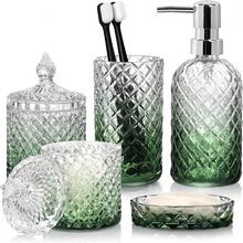 5-Piece Green Gradient Glass Bathroom Accessories Set - Includes Soap/Lotion Dispenser With Matching Dish, Toothbrush Holder, Tumbler & Jar. A Modern Vintage Complete Organizer & Luxury Housewarming Gift - 綠色 - 查看 9