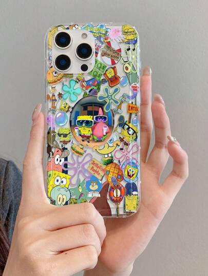 SpongeBob SquarePants 1pc Cartoon Funny Full-Screen Floral SpongeBob Family Hamburger Pattern Shock-Proof Porous Cushion Phone Case Suitable Compatible With Samsung/Apple 17/16/15/14/13/12/11 Pro Max/12 Pro/14 Plus And Other Models