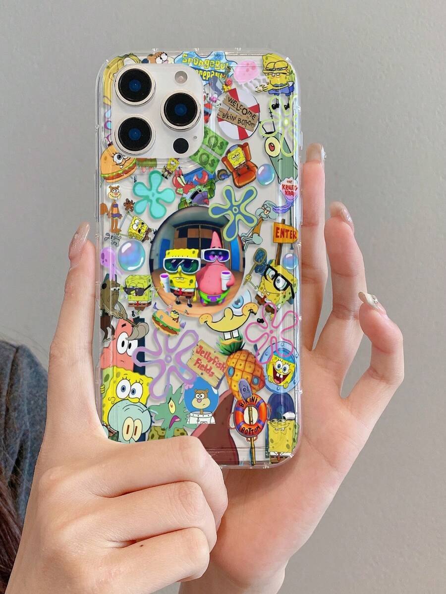 SpongeBob SquarePants 1个卡通趣味全屏花卉汉堡家庭图案防震透气缓冲手机壳，兼容三星/苹果17/16/15/14/13/12/11 Pro Max/12 Pro/14 Plus及其他型号 - 彩色 - 查看 1