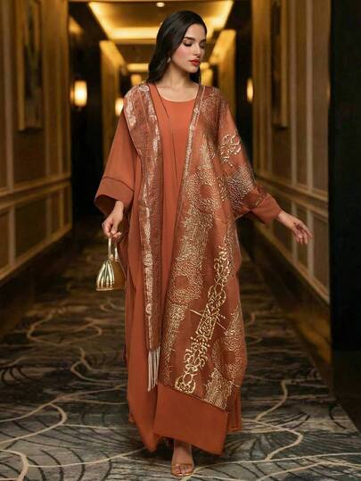 Women's Solid Color 3/4 Sleeve Jacquard Fabric Shawl With Sleeveless Solid Color Dress, Elegant Long Style With Contrast Trim And Asymmetric Design, Soft Fabric Suitable For Multiple Occasions, 2-Piece Arabic Style Dress For Holiday & Casual Wear Spring
