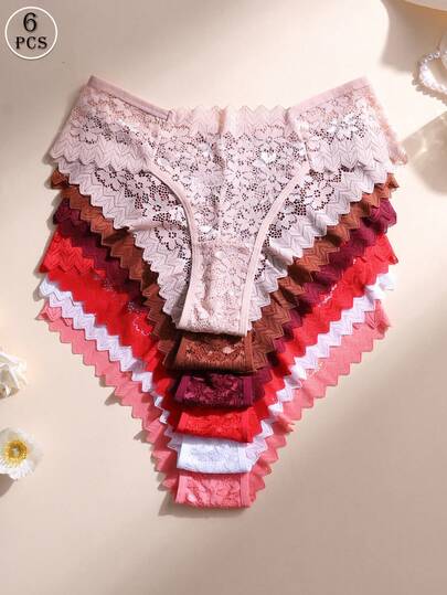 6pcs/Pack Sexy Lace Patchwork Low Waist Seamless Bikini Panties - Breathable Soft Everyday & Yoga Seamless Underwear For Women