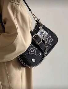 Y2K Style Retro Shoulder Bag For Women, Color Block Crossbody Star Chain Purse Small Bag For Girls, Ladies, Students, Young Professionals, Office Workers, Commuters, School Outings, Stars Hollow Women Bag, 2000s Fashion Style Bag For Women, Halloween Purse Perfect For Fancy Party Halloween Fashion & Gothic Fashion, Best Halloween Gifts For Women - 黑色 - 查看 3