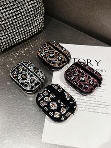 1pc Black Rhinestone Leopard Print Bluetooth Earphone Protective Case For AirPods
