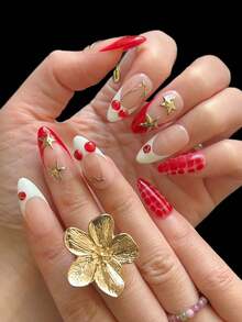 10 piezas de calcomanías de uñas con forma de almendra, manicura francesa en rojo y blanco, patrón de caparazón de tortuga pintado a mano, decoración de pentágono cromado 3D y cereza, adecuado para niñas y mujeres para uso diario, Año Nuevo, San Valentín, arte de uñas - Rojo - Ver 6