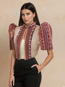 1件 Amyenjoylife 现代菲律宾风格女式衬衫，时尚半透明拼接立领设计，优雅上衣，纽扣衬衫，春夏款，蝴蝶袖菲律宾风格，女士菲律宾短外套 - 紅色 - 查看 1