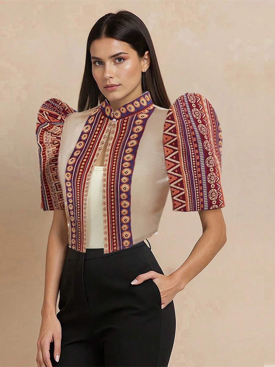 1件 Amyenjoylife 现代菲律宾风格女式衬衫，时尚半透明拼接立领设计，优雅上衣，纽扣衬衫，春夏款，蝴蝶袖菲律宾风格，女士菲律宾短外套 - 紅色 - 查看 1