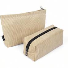 CYPNMAGEFY 2 pcs Bolsa de Cosméticos de Pana Estética Bolsa de Maquillaje Cosmetiquera para Maquillaje Neceser Mujer Portátil Cosméticos para Viajar Bolsas de Mujer BeigeFashion - Beis - Ver 7