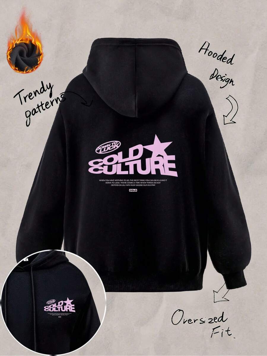 女士保暖口袋抽绳卫衣，加厚抓绒内里，适合秋冬季节，纯棉印花套头衫，饰有标语和星星图案，宽松版型，适合浪漫、休闲、街头等各种场合，情侣款卫衣，情人节礼物之选。 - 黑色 - 查看 1