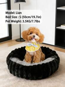 1pc Faux Rabbit Fur Round Semi-Enclosed Plush Pet Bed, Warm & Comfortable Padded Pet Nest Suitable For Medium/Large Cats & Dogs, Reversible Cover Can Be Used As Blanket, Winter - Black - View 1