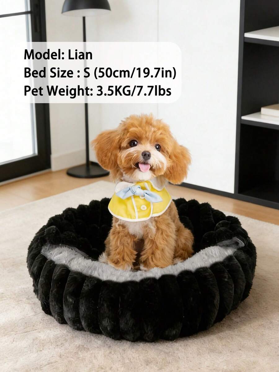 1pc Faux Rabbit Fur Round Semi-Enclosed Plush Pet Bed, Warm & Comfortable Padded Pet Nest Suitable For Medium/Large Cats & Dogs, Reversible Cover Can Be Used As Blanket, Winter - Black - View 1