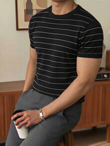 Men's Striped Crew Neck Short Sleeve Casual Knit Top - Black - View 2