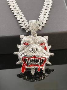 1 Set Bulldog Pendant Rhombus Cuban Chain Necklace & Bracelet, Men's Red Watch, Fashionable & Cool Men Accessories - Red - View 5