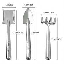Juego de 3 herramientas de jardín de acero inoxidable kit de jardinería paleta de mano ligera paleta de trasplante rastrillo de mano para suculentas sueltas piso de plántulas de flores en maceta - Plateado - Ver 2