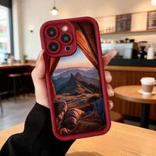 Cubierta de teléfono con borde negro diseño de cortinas abiertas paisaje montañoso al atardecer para uso diario y viajes,Aplicable a los teléfonos de la serie Apple y Galaxy - Café integral - Ver 5