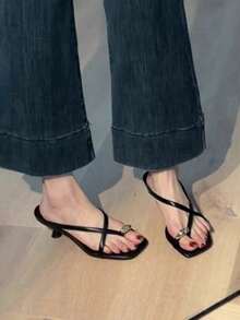 5cm New Colorblock Minimalist Wedge Heel Open Toe Sandals For Women, Summer - Black - View 5