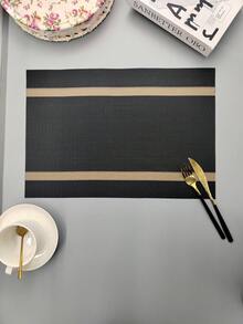 2-6pcs Rectangular Striped PVC Woven Placemats, Washable, Easy To Clean, Wipe-Clean, Non-Slip, Heat-Resistant, For Room Decor, Dining Table Decor, Home Decor, Suitable For Holidays, Parties, Birthdays, Weddings And Dinners - Black - View 6